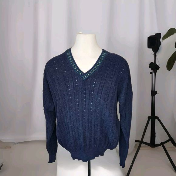 Alan Paine XL Men's Knitwear V-neck Cotton Cable Knit Crickey Jumper Vtg - Picture 1 of 16